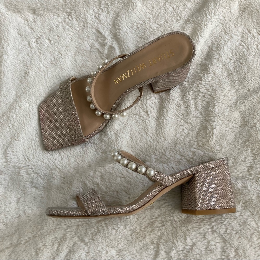 Stuart Weitzman Goldie Block slide metallic pearl embellished Spain size 8.5